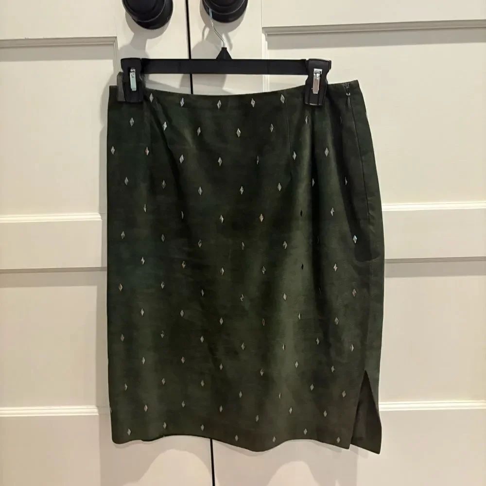Elegant suede Green Skirt with diamond shape embellishments